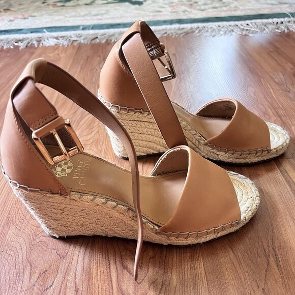 Vince Camuto Shoes - VINCE CAMUTO Lerra Camel Leather Espadrille Wedge Ankle Strap Sandal Sz 7M 37.5